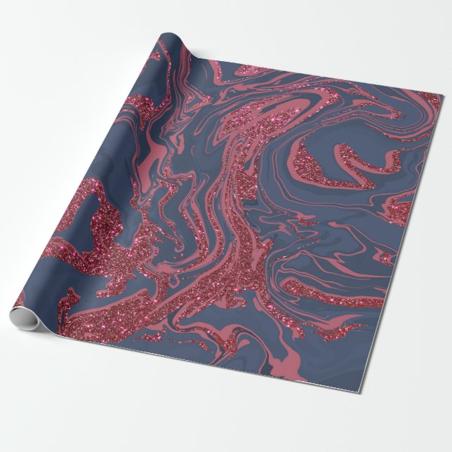 Burgundy Red Navy Blue Glitter Marble Wrapping Paper (Unrolled)