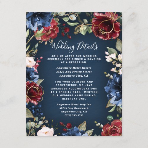 Burgundy Red Navy Blue Gold and Blush Pink Wedding Enclosure Card
