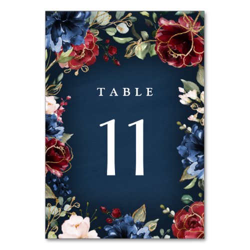 Burgundy Red Navy Blue Gold and Blush Pink Wedding Table Number