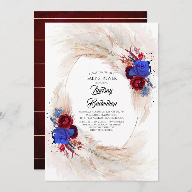 Burgundy Red Navy Blue Pampas Grass Baby Shower Invitation (Front/Back)