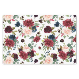 Burgundy Red Navy Blue Watercolor Flowers Tissue Paper