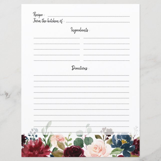 Burgundy Red Navy Blush Bridal Shower Recipe card (Front)