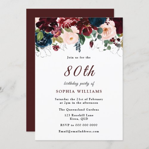 Burgundy Red Navy Blush Floral 80th Birthday Party Invitation