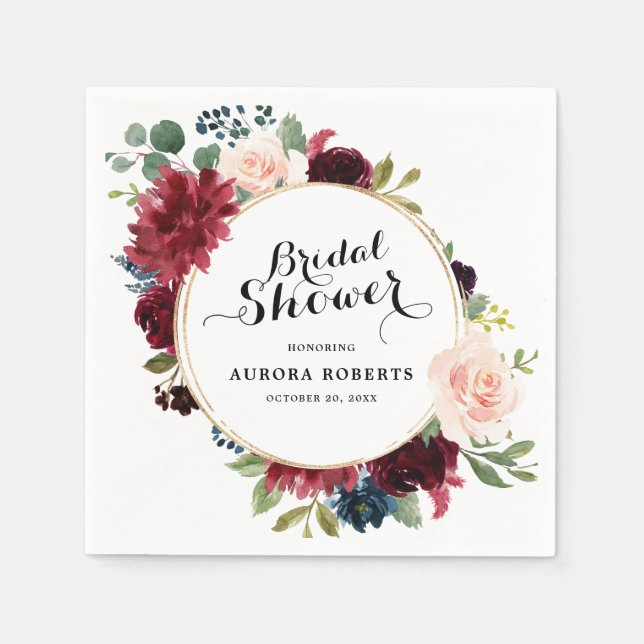Burgundy Red Navy Blush Floral Bridal Shower paper Napkins (Front)