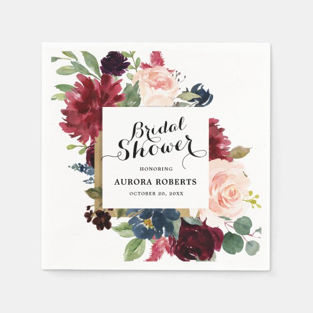 Burgundy Red Navy Blush Floral Bridal Shower paper Napkins (Front)