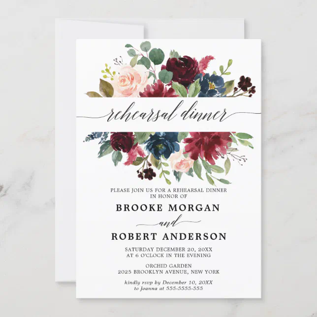 Burgundy Red Navy Blush Floral Rehearsal dinner Invitation | Zazzle