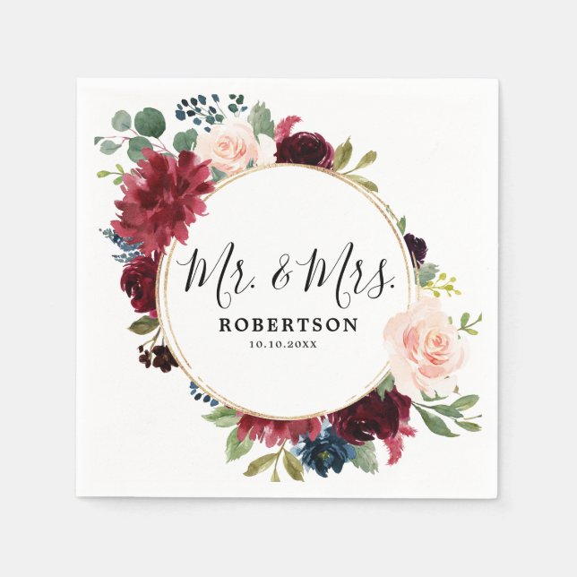 Burgundy Red Navy Blush Floral Rustic Boho Paper Napkins (Front)