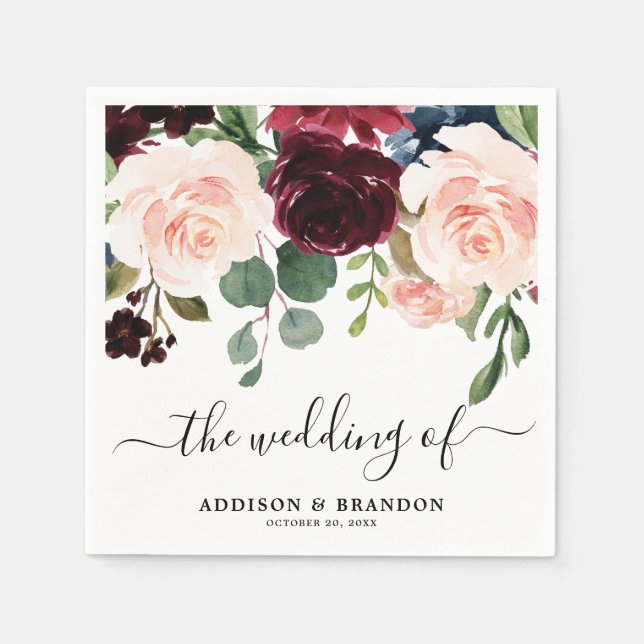 Burgundy Red Navy Blush Floral Wedding paper Napkins (Front)