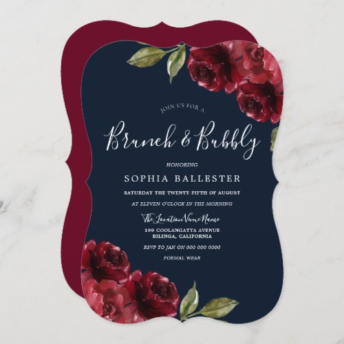 Burgundy Red  Navy Brunch  Bubbly Bridal Shower Invitation