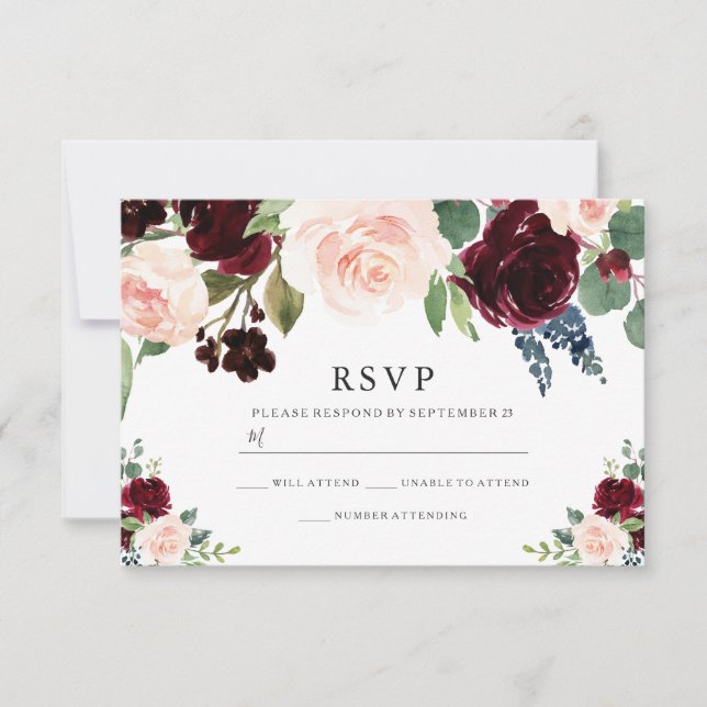 Burgundy Red & Navy Bush Wedding RSVP Card (Front)