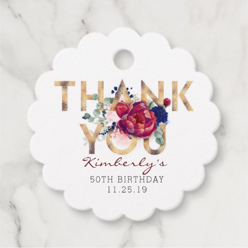 Burgundy Red  Navy Floral Birthday Thank You Favor Tags