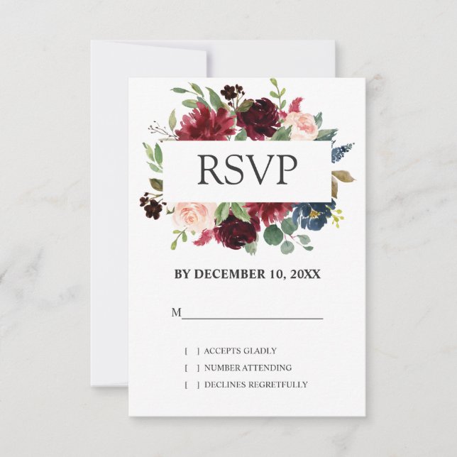 Burgundy Red Navy Floral Boho Wedding RSVP (Front)