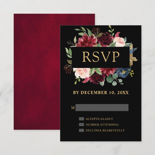Burgundy Red Navy Floral Boho Wedding RSVP (Front/Back)