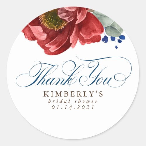 Burgundy Red Navy Floral Bridal Shower Thank You Classic Round Sticker