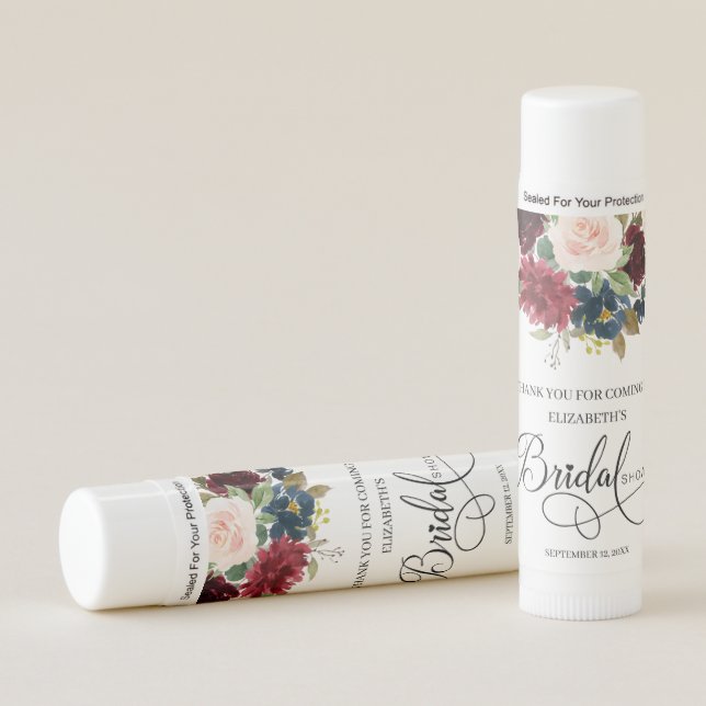 Burgundy Red Navy Floral Bridal Shower Thank You Lip Balm (Front)