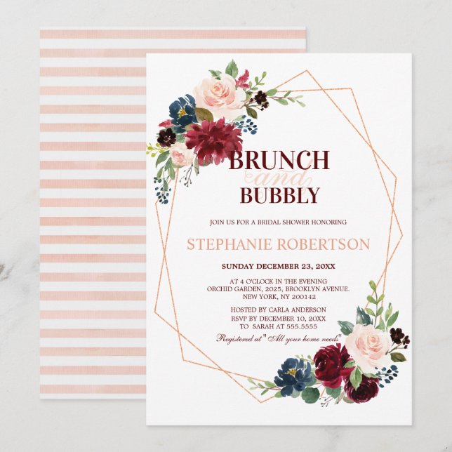 Burgundy Red Navy Floral Geometric Bridal Shower Invitation (Front/Back)