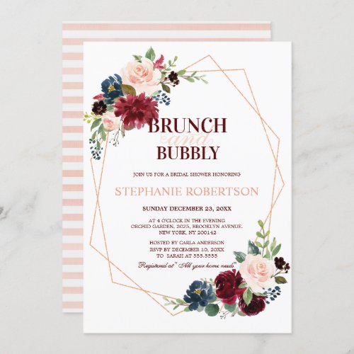 Burgundy Red Navy Floral Geometric Bridal Shower Invitation - Watercolor Burgundy Red Navy rose gold Floral Rustic Boho Wedding Brunch and Bubbly bridal shower Invitation Card with modern geometric frame . Perfect for a fall wedding. The design features a stunning bouquet of burgundy / Marsala , peach , navy flowers with matching leaves. Please find more matching designs and variations in my "blissweddingpaperie" store. And feel free to contact me for any custom requests.