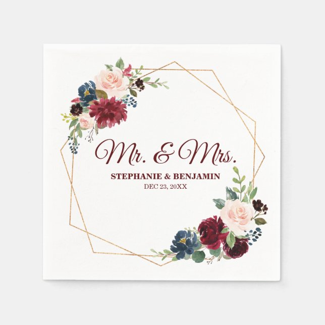 Burgundy Red Navy Floral Geometric Paper Napkin (Front)