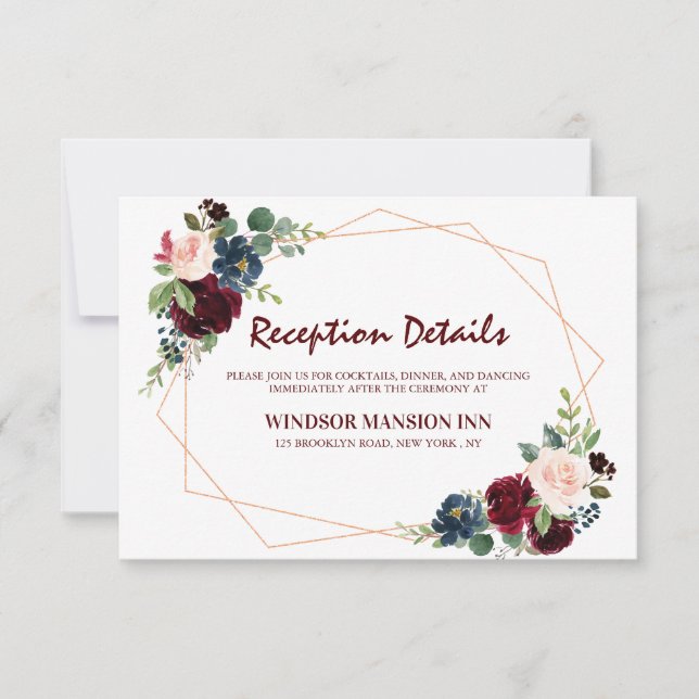 Burgundy Red Navy Floral Geometric Reception Invitation (Front)
