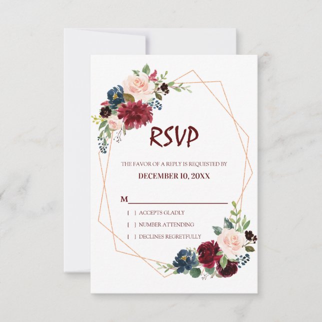 Burgundy Red Navy Floral Geometric RSVP card (Front)