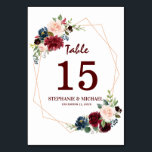 Burgundy Red Navy Floral Geometric Table Number<br><div class="desc">Watercolor Burgundy Red Navy Floral Rustic Boho Wedding Table Number Card with modern geometric frame. Perfect for a fall wedding. The design features a stunning bouquet of burgundy / Marsala , peach , navy flowers / roses with matching leaves. Please find more matching designs and variations in my "blissweddingpaperie" store....</div>