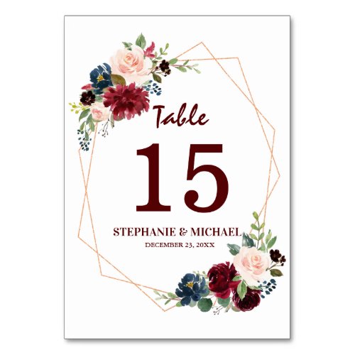 Burgundy Red Navy Floral Geometric Table Number - Watercolor Burgundy Red Navy Floral Rustic Boho Wedding Table Number Card with modern geometric frame. Perfect for a fall wedding. The design features a stunning bouquet of burgundy / Marsala , peach , navy flowers / roses with matching leaves. Please find more matching designs and variations in my "blissweddingpaperie" store. And feel free to contact me for any custom requests.