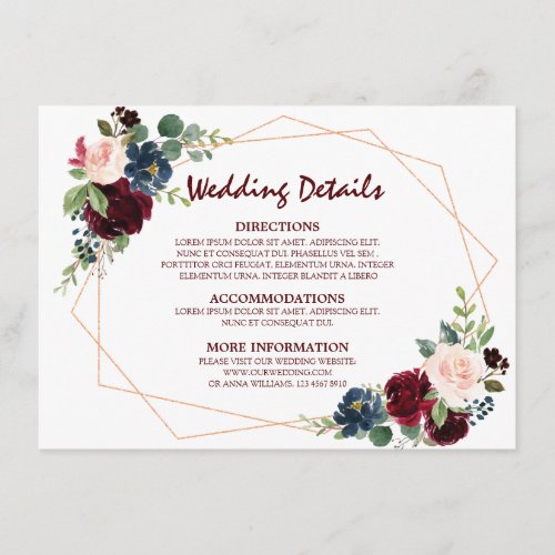 Burgundy Red Navy Floral Geometric Wedding Details Enclosure Card