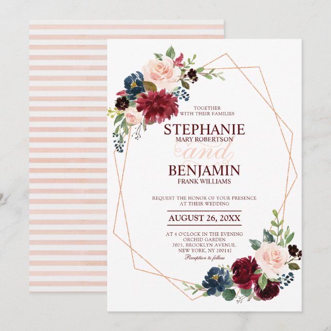 Burgundy Red Navy Floral modern geometric wedding Invitation (Front/Back)