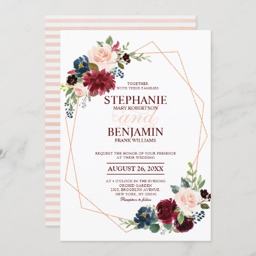Burgundy Red Navy Floral modern geometric wedding Invitation - Watercolor Burgundy Red Navy gold Floral Rustic Boho Wedding Invitation Card with modern geometric frame . Perfect for a fall wedding. The design features a stunning bouquet of burgundy / Marsala , peach , navy flowers with matching leaves. Please find more matching designs and variations in my "blissweddingpaperie" store. And feel free to contact me for any custom requests.