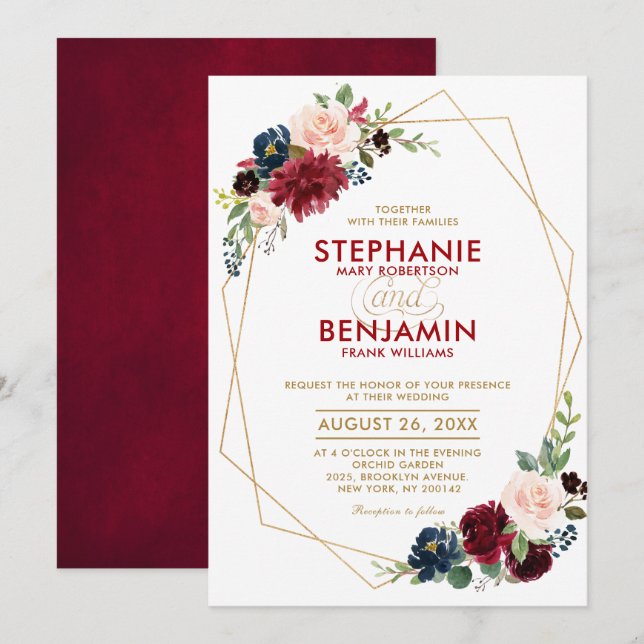 Burgundy Red Navy Floral modern geometric wedding Invitation (Front/Back)