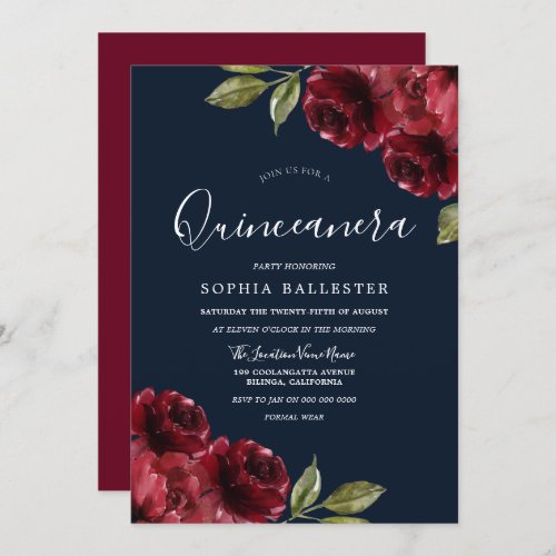 Burgundy Red  Navy Floral Quinceanera 15th Party Invitation