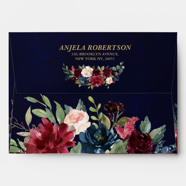 Burgundy Red Navy Floral Return Address Envelope (Back (Top Flap))
