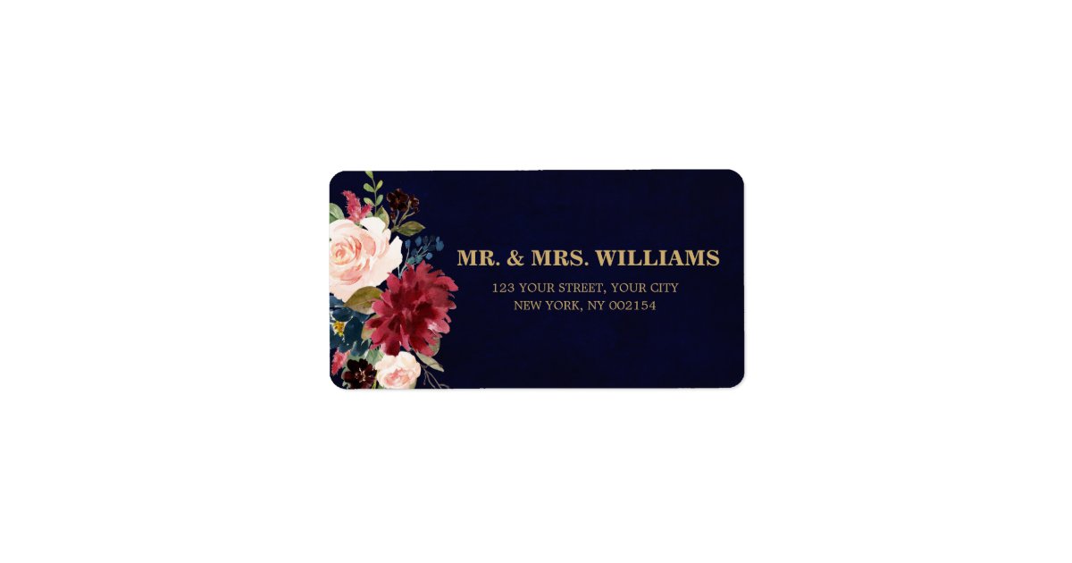 Burgundy Red Navy Floral Rustic Boho Address Label | Zazzle