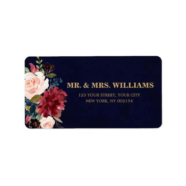 Burgundy Red Navy Floral Rustic Boho Address Label | Zazzle