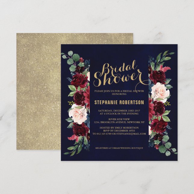 Burgundy Red Navy Floral Rustic Boho Bridal Shower Invitation (Front/Back)