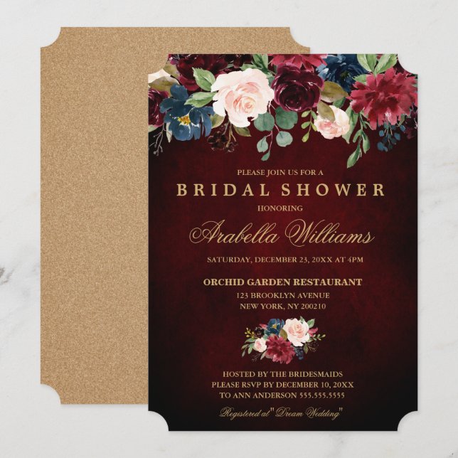 Burgundy Red Navy Floral Rustic Boho Bridal Shower Invitation (Front/Back)