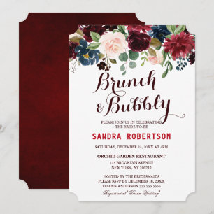 Burgundy Red Navy Floral Rustic Boho Bridal Shower Invitation