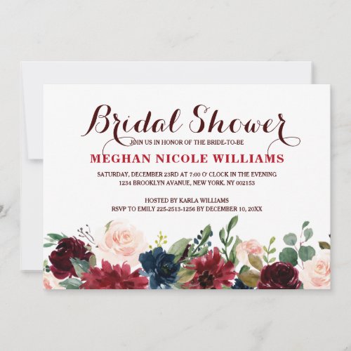 Burgundy Red Navy Floral Rustic Boho Bridal Shower Invitation