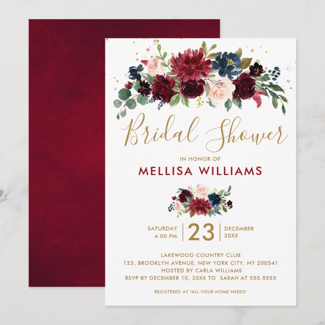 Burgundy Red Navy Floral Rustic Boho Bridal Shower Invitation (Front/Back)