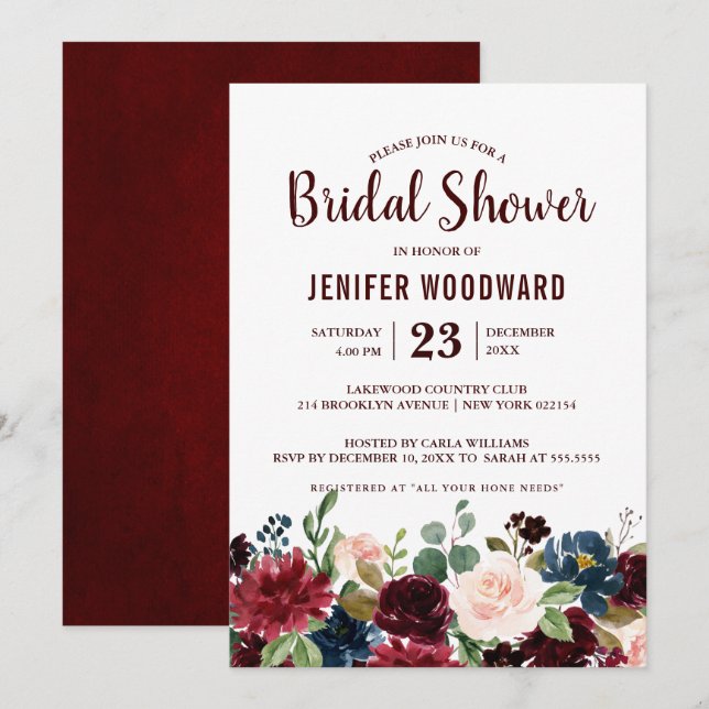 Burgundy Red Navy Floral Rustic Boho Bridal Shower Invitation (Front/Back)