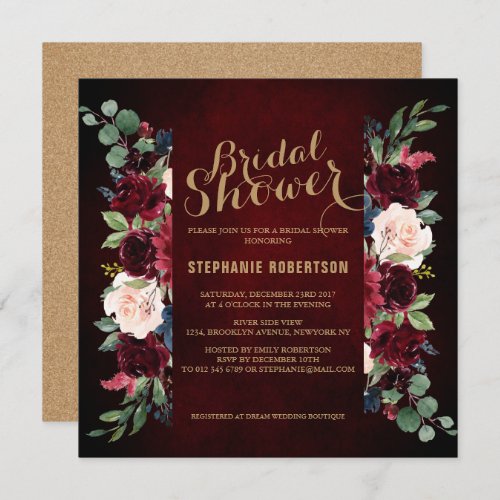 Burgundy Red Navy Floral Rustic Boho Bridal Shower Invitation