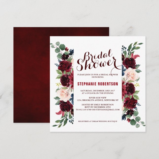 Burgundy Red Navy Floral Rustic Boho Bridal Shower Invitation (Front/Back)