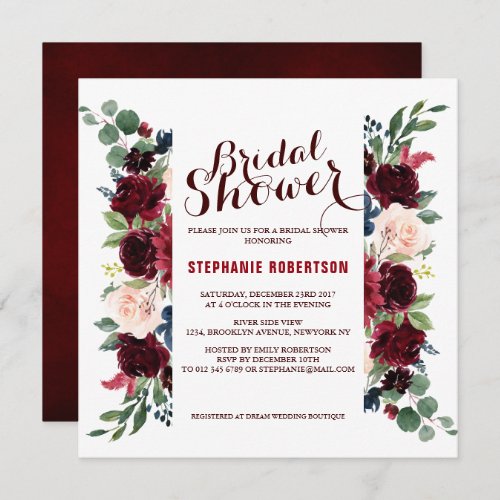 Burgundy Red Navy Floral Rustic Boho Bridal Shower Invitation