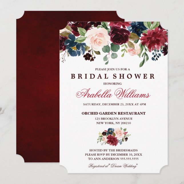 Burgundy Red Navy Floral Rustic Boho Bridal Shower Invitation (Front/Back)
