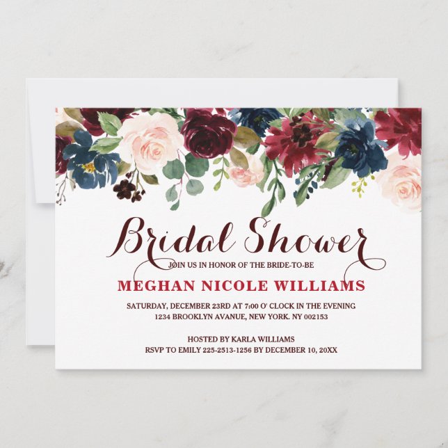 Burgundy Red Navy Floral Rustic Boho Bridal Shower Invitation (Front)