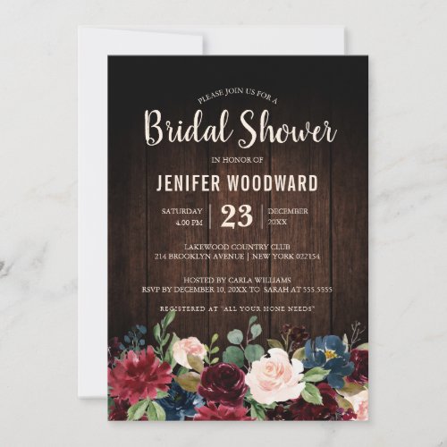 Burgundy Red Navy Floral Rustic Boho Bridal Shower Invitation - Watercolor Burgundy Red Navy Floral Rustic Boho Wedding Bridal Shower Invitation Card with on wooden background. Perfect for a fall wedding. The design features a stunning bouquet of burgundy / Marsala , peach , navy flowers with matching leaves. Please find more matching designs and variations in my "blissweddingpaperie" store. And feel free to contact me for any custom requests.