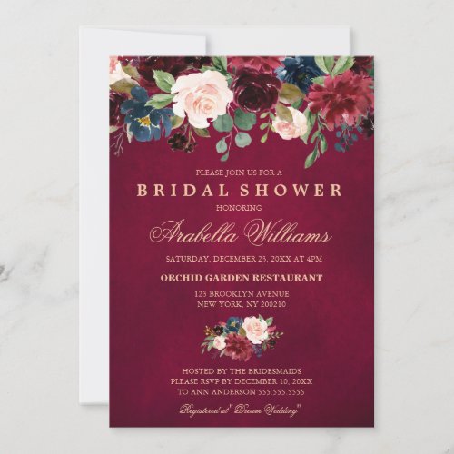 Burgundy Red Navy Floral Rustic Boho Bridal Shower Invitation