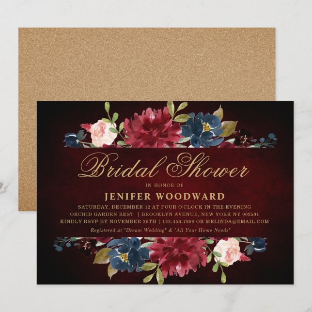 Burgundy Red Navy Floral Rustic Boho Bridal Shower Invitation (Front/Back)