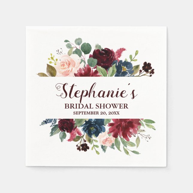 Burgundy Red Navy Floral Rustic Boho Bridal Shower Napkins (Front)