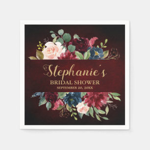 Burgundy Red Navy Floral Rustic Boho Bridal Shower Napkins